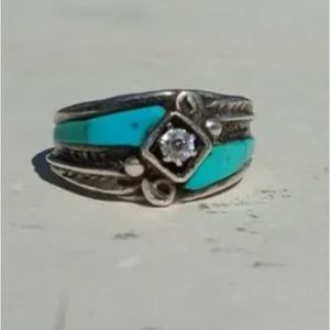 Beautiful Native American Navajo Turquoise Silver Ring Signed Size 9